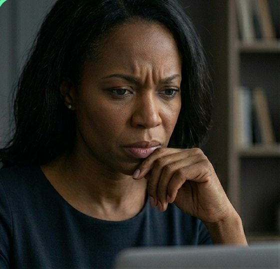 A consultant reviewing her online presence on a laptop
